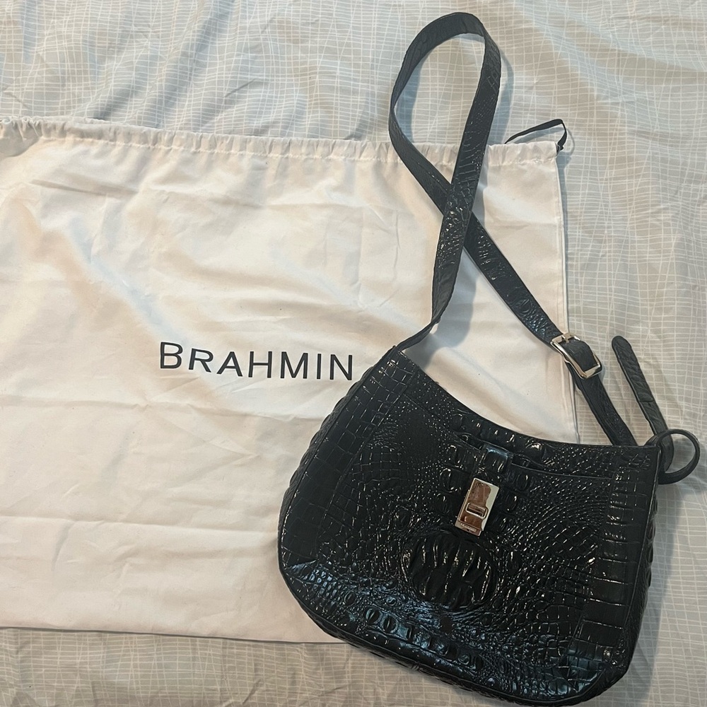 Brahmin Black Croc-Embossed Crossbody Bag